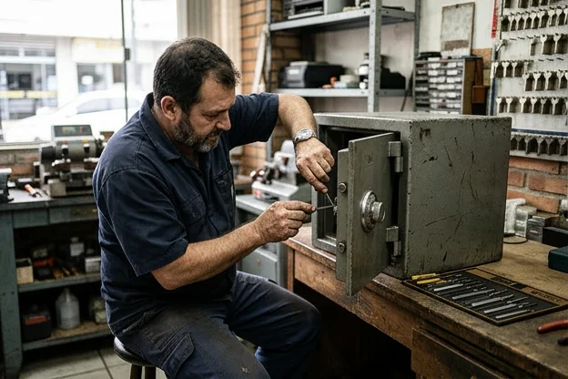 Chaveiro abrindo um cofre utilizando equipamentos especializados.