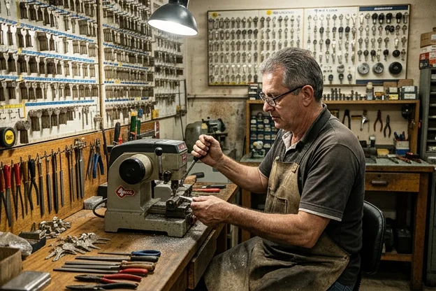 Chaveiro confeccionando cópias de chaves em uma bancada.