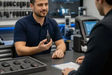 Chaveiro criando chaves codificadas em equipamento especializado.