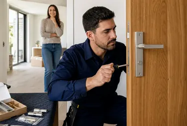 Chaveiro instalando uma nova fechadura em uma porta.