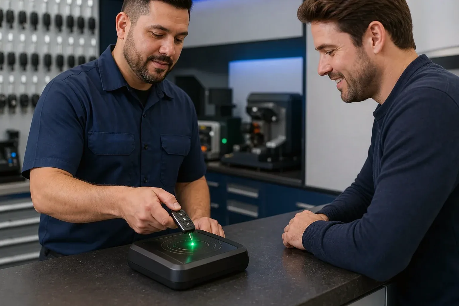 Chaveiro programando uma chave de automóvel com software especializado.