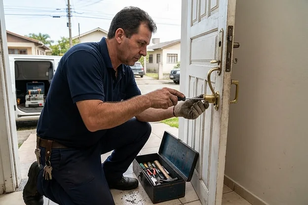 Chaveiro trocando uma fechadura em uma porta.